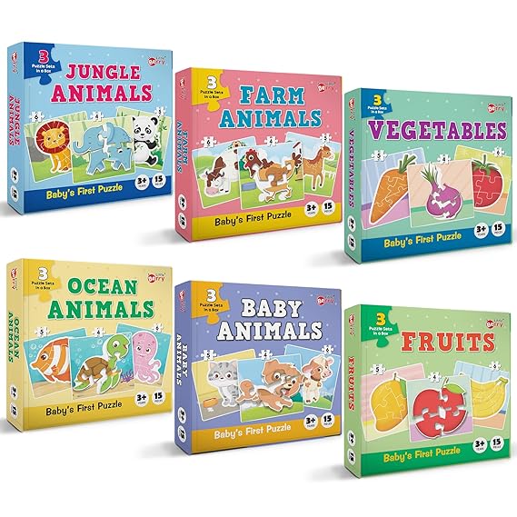 Little Berry Baby First Puzzle Game: Animal, Fruit & Vegetable | Combo of 6 Cardboard Puzzles with 15Pcs Each | Montessori Educational Toys for 2 3 4 Year Old Boys & Girls | Early Puzzle Set for Kids